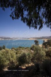 Image du Maroc Professionnelle de  Le barrage Oued El Makhazine, conçu pour le développement et  l'irrigation du périmètre du Loukkos. Ainsi les champs situés dans le triangle Ksar El Kébir, Larache, Moulay Bouselham profitent de cette infrastructure. Cette importante réalisation située sur El Oued Loukkos sert à la régularisation inter annuelle des débits tout en formant une protection contre les crues, au Jeudi 1er Septembre 2005 à cette datte le barrage dispose 309 Million de M3. (Photo / Abdeljalil Bounhar)